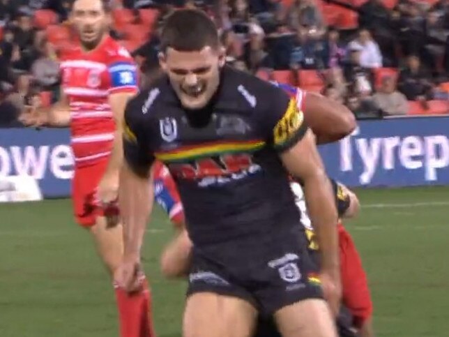 Nathan Cleary grabs his hamstring.