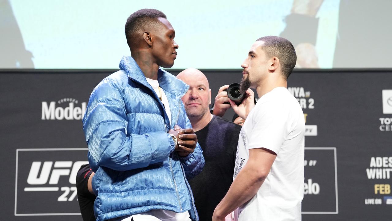 Israel Adesanya and Robert Whittaker face off during the UFC 271 press conference in Houston, Texas. Picture: Josh Hedges/Zuffa LLC