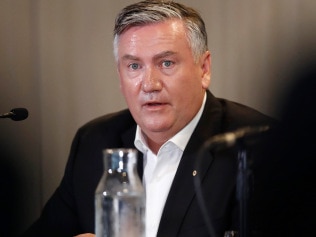 MELBOURNE, AUSTRALIA - FEBRUARY 01: Collingwood President Eddie McGuire speaks to the media at Collingwood Magpies AFL press conference at the Glasshouse Event Space on February 01, 2021 in Melbourne, Australia.  (Photo by Darrian Traynor/Getty Images)
