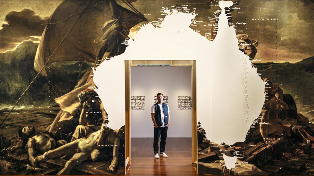 Dean Cross with his work gunalgunal (contracted field) in the 2022 Adelaide Biennial of Australian Art: Free/State, Art Gallery of South Australia, photo: Sia Duff