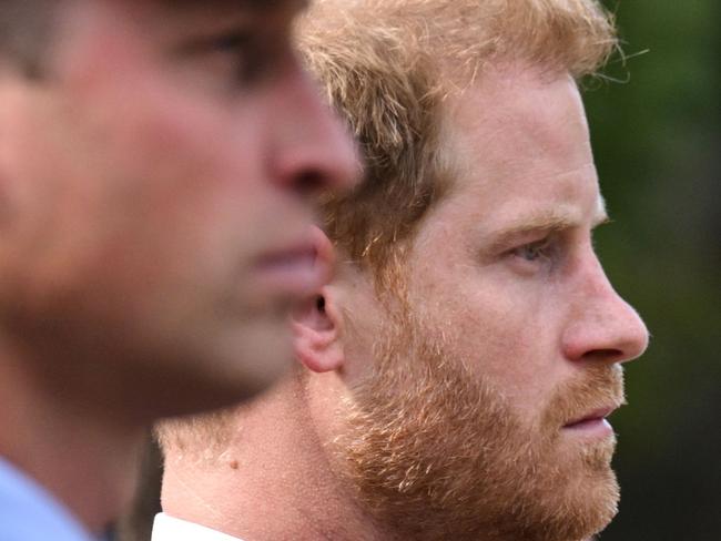 (FILES) In this file photo taken on September 14, 2022 Britain's Prince William, Prince of Wales and Britain's Prince Harry, Duke of Sussex follow the coffin of Queen Elizabeth II, during a procession from Buckingham Palace to the Palace of Westminster, in London. - Britain's Prince Harry recounts in his new book how he was physically "attacked" by his older brother Prince William during an argument in 2019, the Guardian reported on January 4, 2023. (Photo by LOIC VENANCE / AFP)