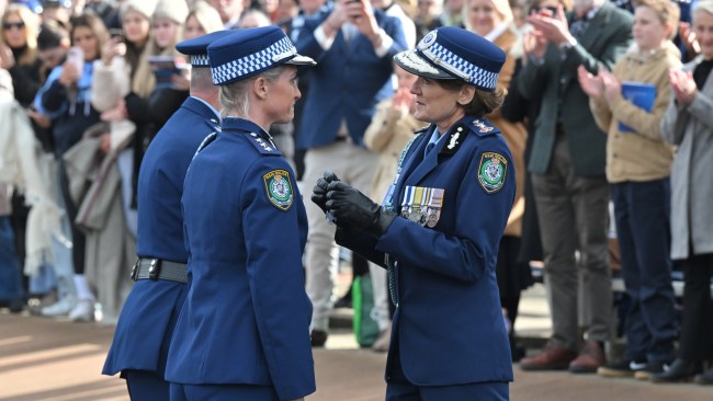 Ms Scott on Friday received the Commissioners Valour Award from the NSW Police Commissioner Karen Webb during a ceremony. Picture: POOL/NewsWire/ Mick Tsikas