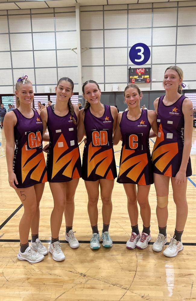 Queensland School Sport Netball 2023. Pictured athletes not in order: Ava Guthrie, Gypsy McCormack, M'Lea Michael, Sienna Jones, Emmisyn Wynyard