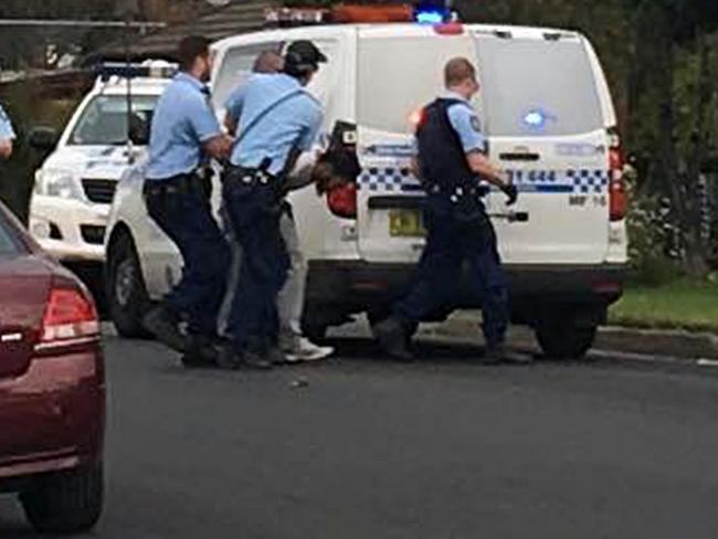 NSW Police Officers lead away Ihsas Khan after Khan allegedly set upon Minto resident Wayne Greenhalgh with a large hunting knife. Picture supplied