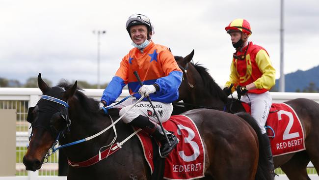 The Darryl Hansen-trained Doctor Zous, ridden by jockey Nathan Day, wins the Cairns Newmarket (1400m) at Cannon Park. Picture: Brendan Radke