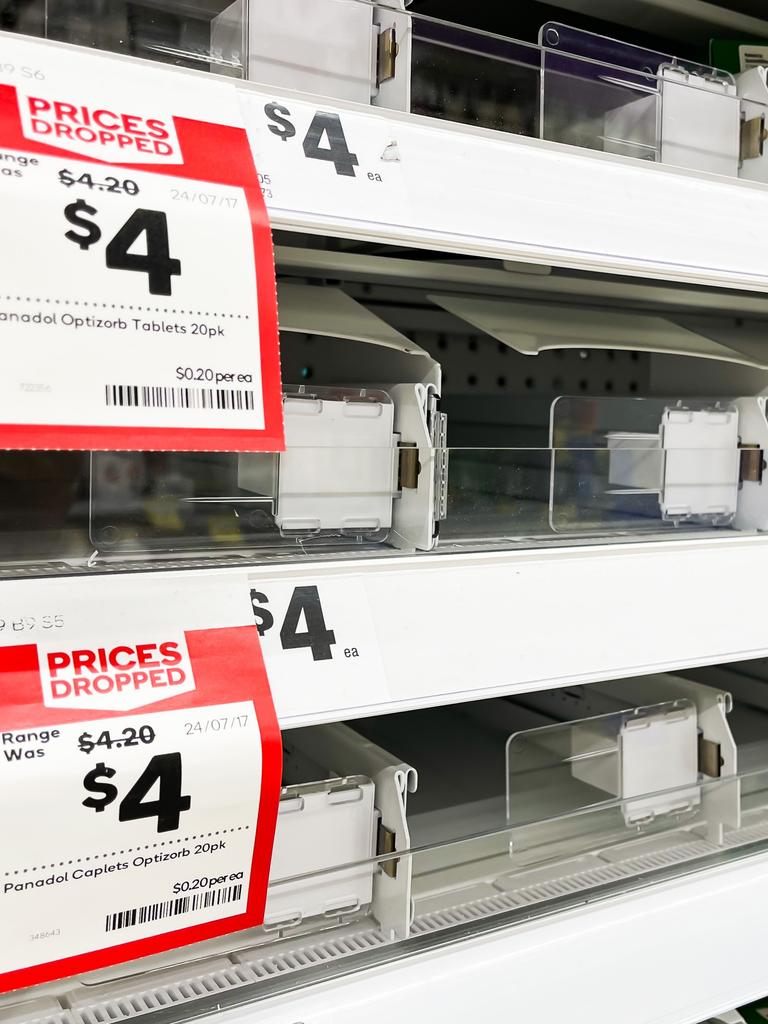 An shelf for Panadol left empty at a Woolworths in Sydney. Picture: NCA NewsWire / Dylan Robinson