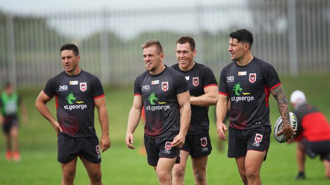 (L—R) Ben Hunt, Matt Dufty, Cameron McInnes and Gareth Widdop during St. George-Illawarra Dragons training in Wollongong. Picture. Phil Hillyard