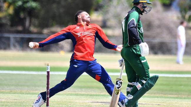 Sunshine Coast bowler Chad Soper about to release. Picture, John Gass