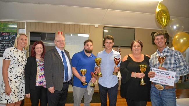 THE WINNERS: Guest speaker Delissa Kimmince, Daily News editor Kerri Moore, Warwick Credit Union CEO Lewis von Stieglitz, local sports star winner Tom Hardy, joint senior sports star winner Jake Wyllie, Daily News advertising manager Kaela Freeman and joint senior sports star winner Mitch Eastwell. Picture: Gerard Walsh