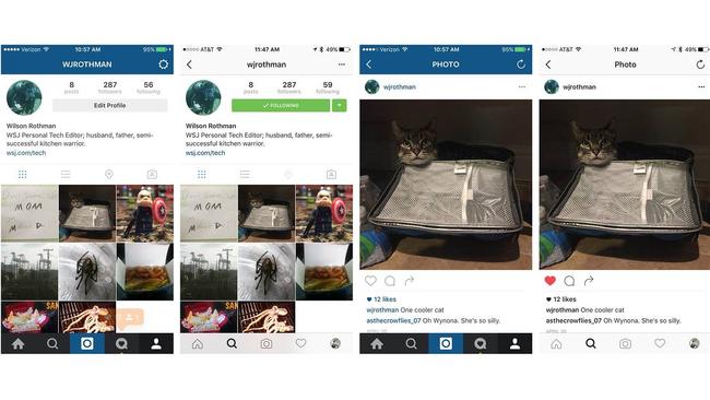 The old Instagram’s blue and black bar look, versus the new whiter Instagram. Picture: The Wall Street Journal.