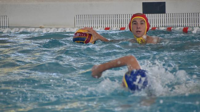 Water Polo Queensland Country Championships, 2nd World War Memorial Aquatic Centre, Rockhampton, February 18, 2023. Men, Mackay versus Sunshine Coast. Sunshine Coast goalkeeper Archie Blackmore.