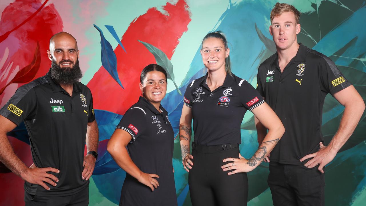 AFL and AFLW stars Bachar Houli, Maddie Prespakis, Tayla Harris and Tom Lynch help launch the new Kayo-Telstra partnership. Picture: Alex Coppel