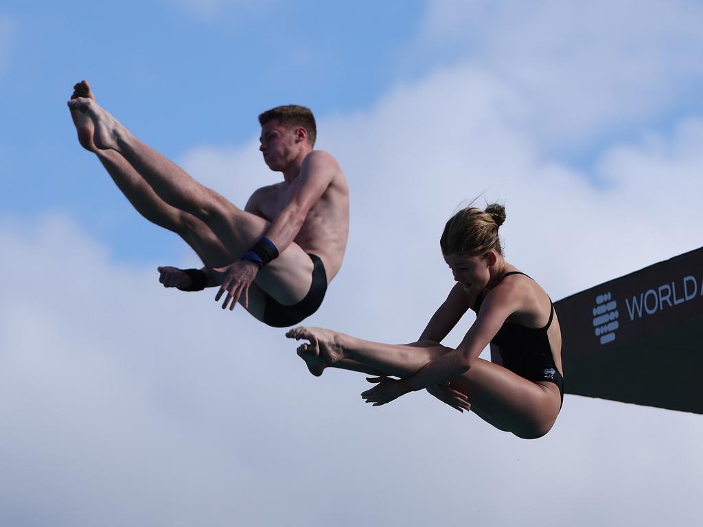 Jonah Mercieca and Maggie Grey from Australia compete during the Mixed 3 and 10 Meter Team Finals at Julio Delamare water park on November 24, 2024 in Rio de Janeiro, Brazil. (Photo by Wagner Meier/Getty Images)