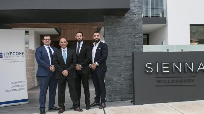 Hyecorp Property Group Managing Director Stepehn Abolakian, Founder and Chairman Michael Abolakian, Construction Director Troy Abolakian and Senior Property Manager Patrick Abolakian out the front of Sienna.