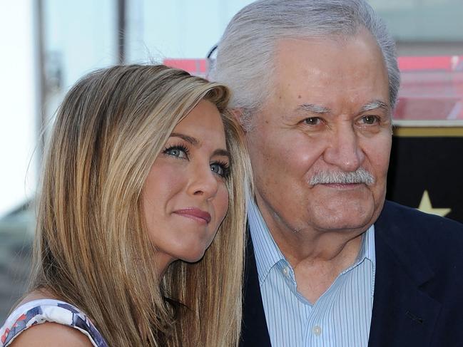 Jennifer Aniston with her father John Aniston who died last year. Picture: AFP