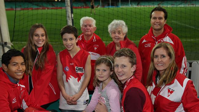 Nathan Harapin, Andi Illidge, Edyn Harapin, Kenny Williams, Kaiya Harapin, Yvonne Williams, Tyler Harapin, Paul Harapin and Diane Harapin at the Swans V Hawthorn match at the SCG. Picture: Danny Aarons