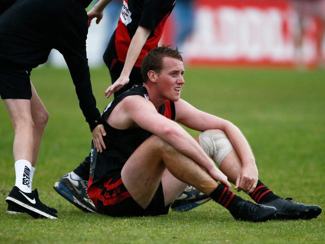 Morphett Vale’s Jamie Smith after his side’s grand final loss to Flagstaff Hill at Hickinbotham Oval. Picture: Matt Loxton.