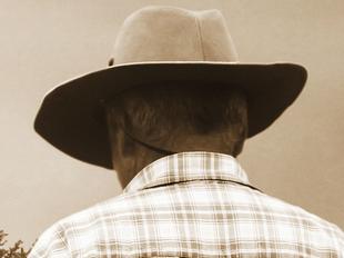 One senior farmer is walking away into a misty corn field. This is a sepia toned black and white photograph.