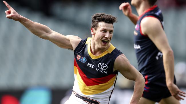 James Mathews celebrates a goal in the SANFL finals. Picture: Sarah Reed.