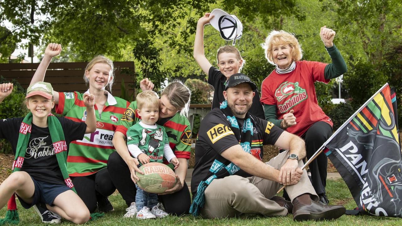 Ellie Sharpe, Emma Sharpe, Hudson Glass, Beccy Glass, Jack Sharpe and Jan Ede. With Nick Hauser in front. Fans clash over their support for Rabbitohs or Panthers in the NRL final. Picture: Nev Madsen.