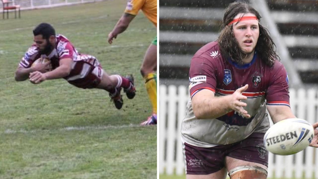 Alex Pettit (L) dives over for Blayney Bears, while Nic Barlow gets a pass away. Picture: Blayney Bears