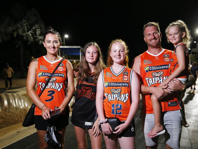 Sarah McQueen, Paige McQueen, Maddison McQueen, Michael Johnstone and Riley Johnstone celebrated New Year's Eve on the Cairns Esplanade after going to the Taipans pre season match. Picture: Brendan Radke