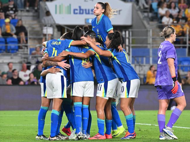 Lauren of Brazil celebrates after putting a goal past Teagan Micah, who otherwise had a brilliant night in front of goal. Picture: Bradley Kanaris/Getty Images.