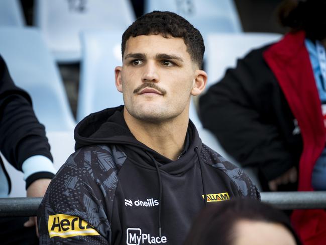 Injured Panthers and NSW star Nathan Cleary at tonight's NRL clash between the Cronulla Sharks and the Penrith Panthers at Shark Park.Photo: Tom Parrish