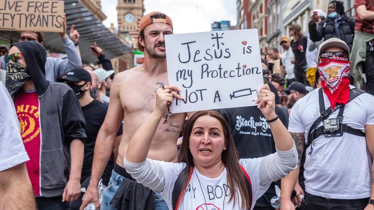 Protestors during the Freedom Rally in the CBD. Picture: NCA NewsWire/Sarah Matray