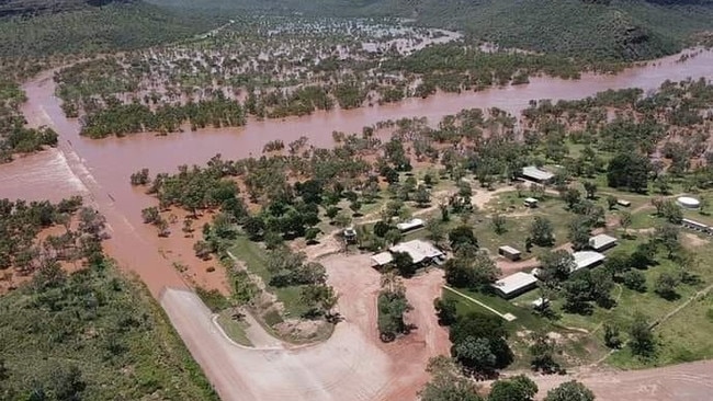 Aerial photos of the Vic River Roadhouse during the March 2023 floods of the Victoria River. Photo: Katherine Times.