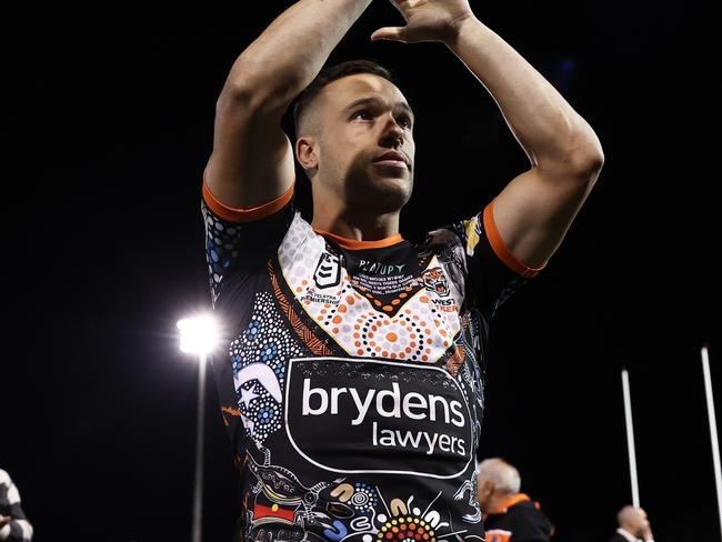 SYDNEY, AUSTRALIA - MAY 20:  Luke Brooks of the Tigers celebrates victory and acknowledges fans after the round 12 NRL match between Wests Tigers and North Queensland Cowboys at Leichhardt Oval on May 20, 2023 in Sydney, Australia. (Photo by Matt King/Getty Images)