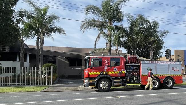 Emergency services at the Emerald Reception Centre on Settlement Rd in Thomastown after drug addict Sunday Bol set the premises on fire. Picture: Genevieve Holding