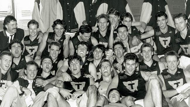 Mercury Archive File Picture, Sport Football, of the victorious Tasmanian State of Origin Team in 1990, with coach Robert Shaw (back left) they defeated Victoria B at North Hobart Oval, Picture by Robin Lane, Negative Number 3006