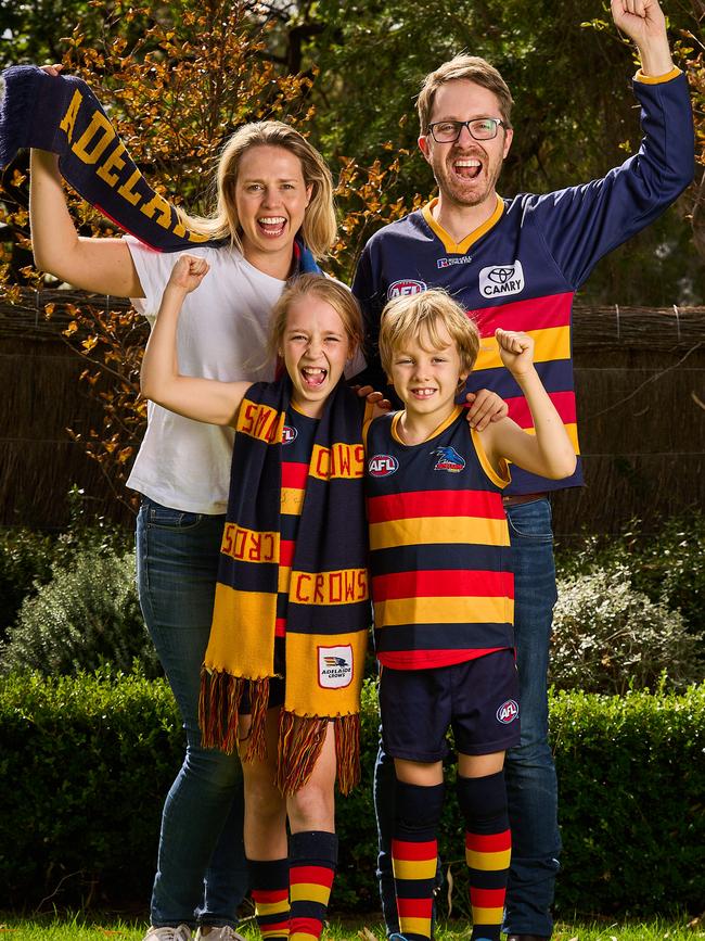 The King family can’t wait to cheer on their beloved Crows when they play in the AFLW grand final on Saturday. Pictured are Emily, James, Ella, 9, and Harry, 7. Picture: Matt Loxton