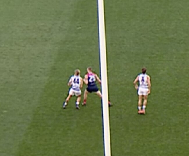 The moment Tom Stewart suffered a shoulder injury when he clashed with Tom McDonald. Picture: Supplied/Fox Footy