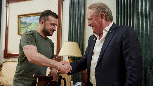 Ukraine president Volodymyr Zelensky with Andrew Forrest after the announcement of the US$500m seed funding to rebuild after the Russian invasion. Picture: Supplied