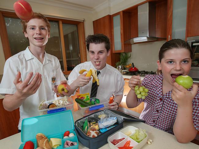 Siblings Emmett, 15, Oliver, 17, and Miranda John, 9, at home with their school lunch boxes. Picture: Ian Currie