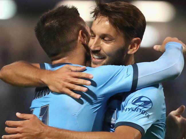 Milos Ninkovic of Sydney FC celebrates scoring a goal during the Round 9 A-League match between Sydney FC and Brisbane Roar at Netstrata Jubilee Stadium in Sydney, Saturday, December 7, 2019. (AAP Image/Jeremy Ng) NO ARCHIVING, EDITORIAL USE ONLY