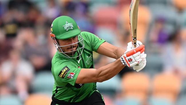 HOBART, AUSTRALIA - DECEMBER 24: Marcus Stoinis of the Stars bats during the Men's Big Bash League match between the Hobart Hurricanes and the Melbourne Stars at Blundstone Arena, on December 24, 2021, in Hobart, Australia. (Photo by Steve Bell/Getty Images)