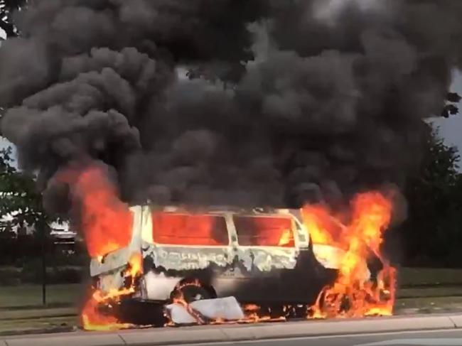 Two tradies were lucky to escape from their burning van.