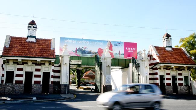 The gates to Eagle Farm Racecourse at the top of Racecourse Rd.