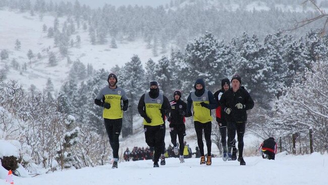 St Kilda players train in the snow in Boulder, Colorado.