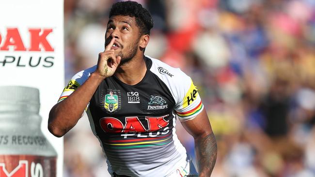 Penrith's Waqa Blake celebrates after scoring a try during Penrith’s win over Parramatta. Picture: Brett Costello