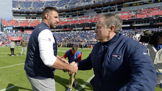 Tennessee Titans head coach Mike Vrabel, left, greets New England Patriots head coach Bill Belichick before an NFL football game Sunday, Nov. 11, 2018, in Nashville, Tenn. (AP Photo/Mark Zaleski)