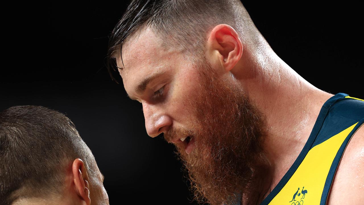 Aron Baynes chats the umpire during the Australia V Nigeria basketball game at Saitama Super Arena at the Tokyo 2020 Olympics. Pics Adam Head