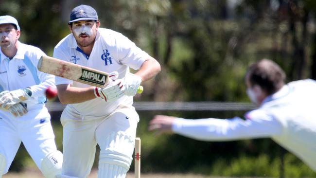 Barwon Heads’ Sam Schaller hits the ball back to Jan Juc bowler Iva Priest. Picture: Mark Wilson