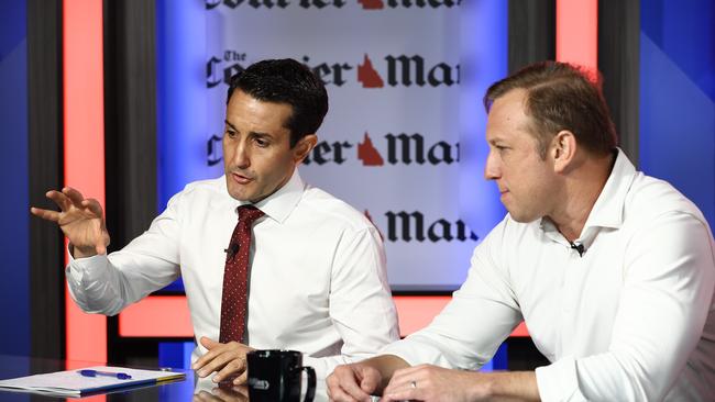 Both leaders ditched their suit jackets – and the premier his tie – in an attempt to connect with those in the audience. Picture: David Clark