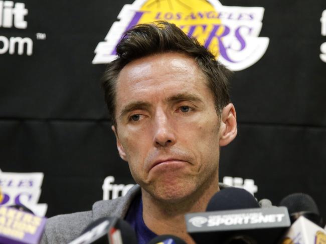 FILE - In this April 29, 2013, file photo, Los Angeles Lakers guard Steve Nash talks to reporters during an NBA basketball news coneference in El Segundo, Calif. Nash will miss the entire season because of a back injury, the Lakers announced Thursday, Oct. 23, 2014, putting the two-time NBA MVP point guard's career in doubt. (AP Photo/Chris Carlson, File)