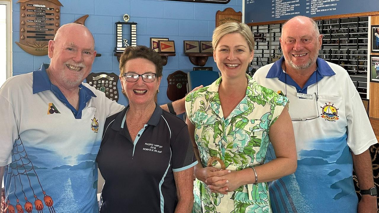 L to R: Airlie Bowls Club Chair John Brown, Margo Stanley, Amanda Camm MP, Vice Chair John Askew.