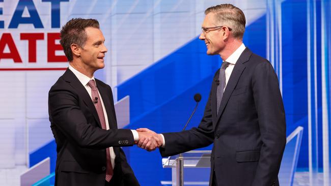 NSW Labor leader Chris Minns, left, and Liberal Premier Dominic Perrottet during The Great Debate this week, ahead of what’s shaping as a very close election. Picture: Toby Zerna / NCA NewsWire